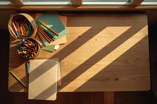 Top View of Wooden School Desk with Colorful Crayons Notebooks and Art Supplies