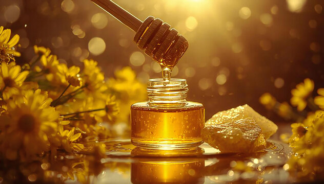 Luxury Honey  with Honeycomb and Golden Honey in Premium Skincare Setting