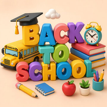 Colorful 3D Back to School Typography with School Bus, Books and Graduation Cap