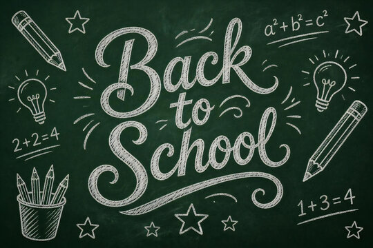 Handwritten Back to School Message on Green Chalkboard with Education Symbols