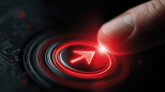 Finger pressing glowing red arrow button on tactile circuit surface with dramatic low light and futuristic feel