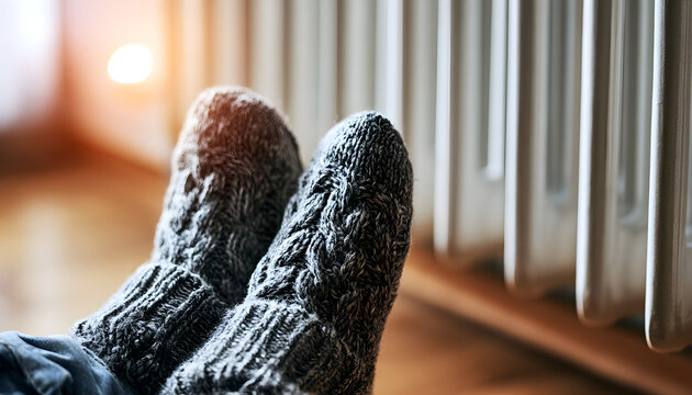 Heating season. Feet in wool socks enjoy warmth from radiator during heating season. Comfort concept