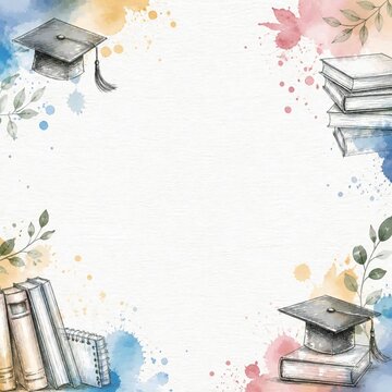 Watercolor Back to School Background with Books and Graduation Caps
