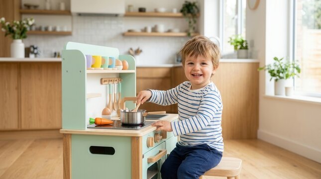 A toddler boy enjoys imaginative play with a wooden toy kitchen in a bright modern house.