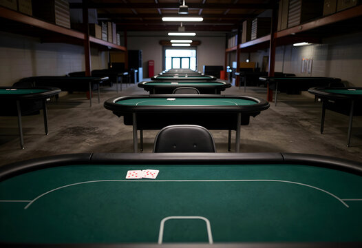 Empty poker tables lined up in a dimly lit warehouse, ready for a game or event, gambling and entertainment industry