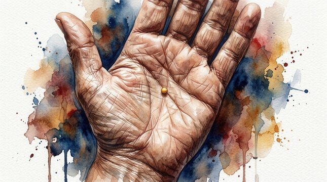 A biblical parable of faith depicted in a close up watercolor illustration featuring a tiny mustard seed on the palm of a hand