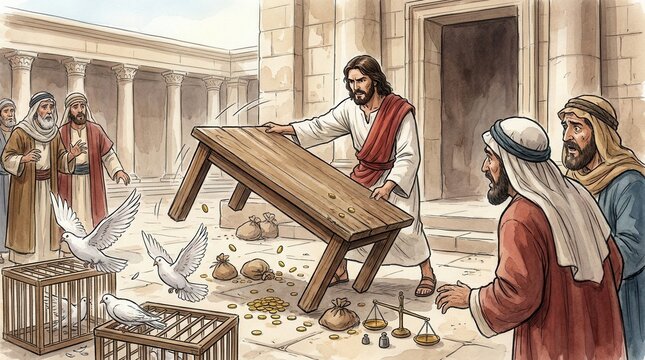 New Testament illustration of Jesus Christ overturning money changers' tables in the temple