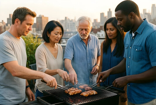 Diverse group of friends and family grilling meat on a rooftop barbecue with city skyline background, the urban city skyline provides a backdrop for this social outdoor gathering