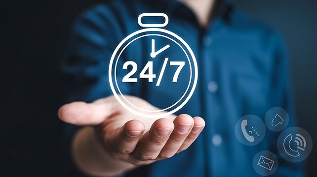 Hand Holding Twenty Four Seven Support Icon Representing Always Available Customer Service Assistance and Around the Clock Business Communication