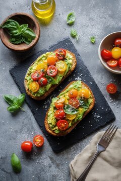 Overhead view of two avocado toasts topped with cherry tomatoes basil and olive oil on dark slate board