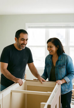 Happy indian couple assembling new kitchen cabinets during home renovation and improvement project, They are working together on the construction and installation of the new furniture