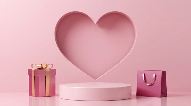 Valentine's Day pink heart shaped display with gifts and shopping bag
