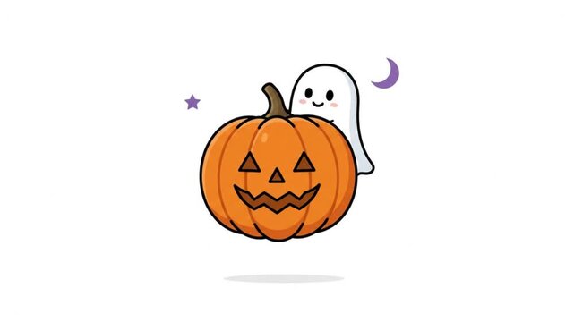 Cute Ghost Hugging Jack-o'-Lantern Pumpkin, Halloween Spooky Character (Cucurbita pepo)
