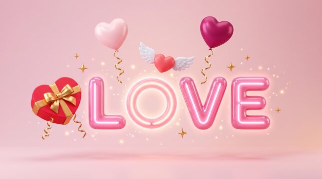 Valentine's Day love concept with pink balloons and heart gifts