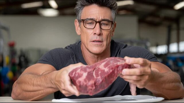 Man examines a large piece of raw meat in a gym or fitness center during daytime