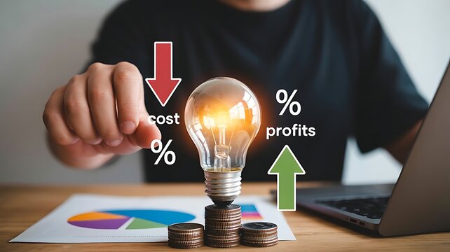 Business concept showing how to decrease costs and increase profits through innovative ideas and financial planning with a glowing lightbulb and graphs