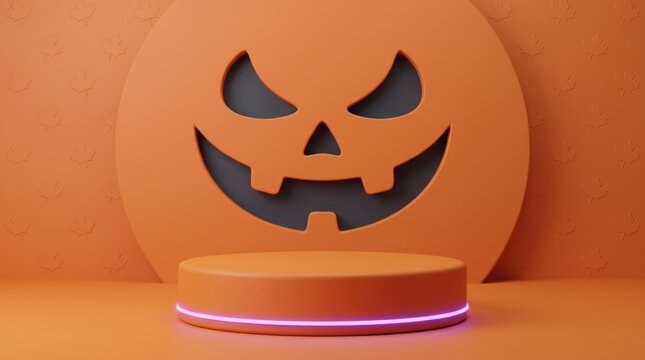 Halloween jack-o-lantern on pedestal with neon light