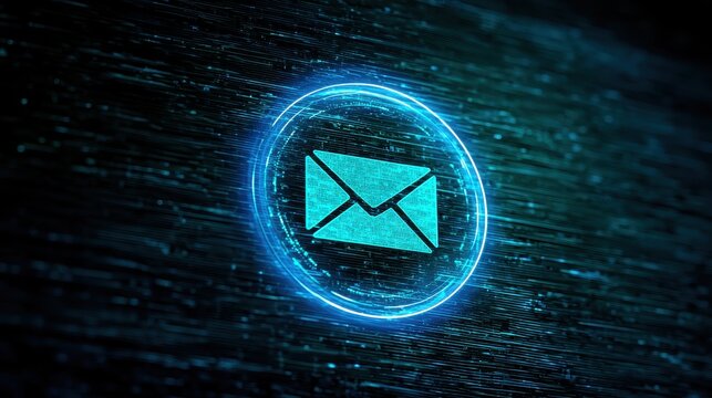 A glowing digital email envelope icon centered in a vibrant neon ring. This symbol represents modern communication and.