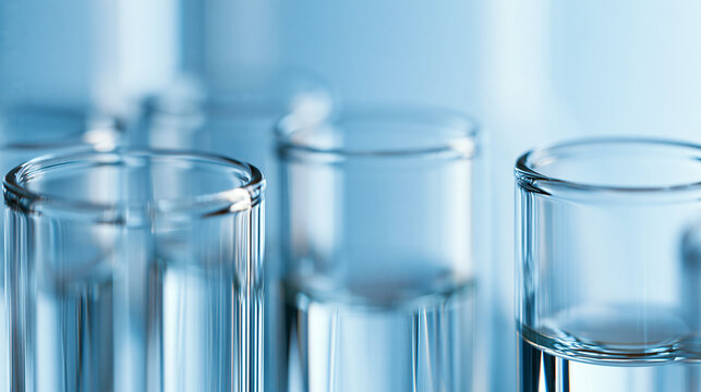 A close-up view of several clear glass test tubes arranged in a laboratory setting, filled ad social media download thambnail poster web template event festival 2026 2027 2028