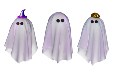 Set of 3d spooky ghosts in satin cloth cutout on transparent background for Halloween design. © mim.girl