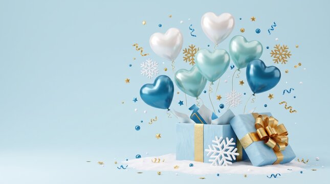 Winter celebration with heart balloons and gift boxes on snow