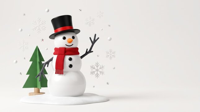 Smiling snowman in winter scene with tree and snowflakes