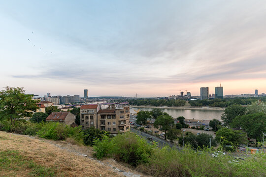 Scenic Belgrade city skyline and Sava river at sunset, Serbia.