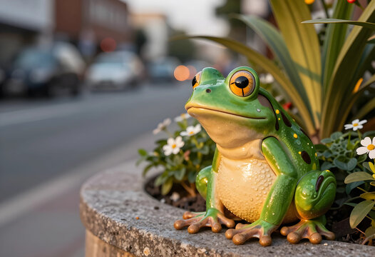 Green ceramic frog garden statue with large orange eyes in a planter on a city street with blurred cars in the background