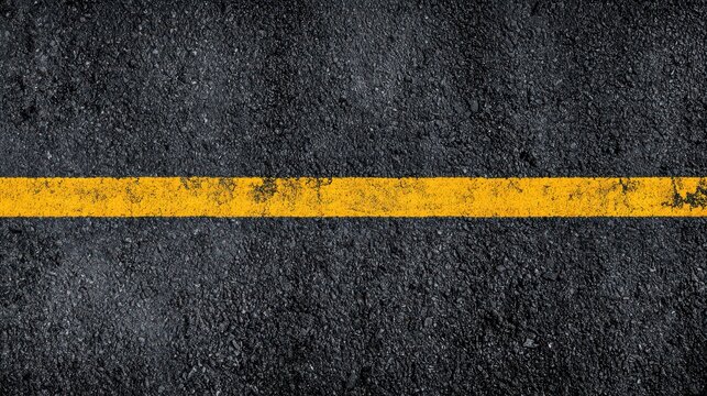 A single yellow line painted on textured black asphalt. Ideal for transportation and road safety concepts.