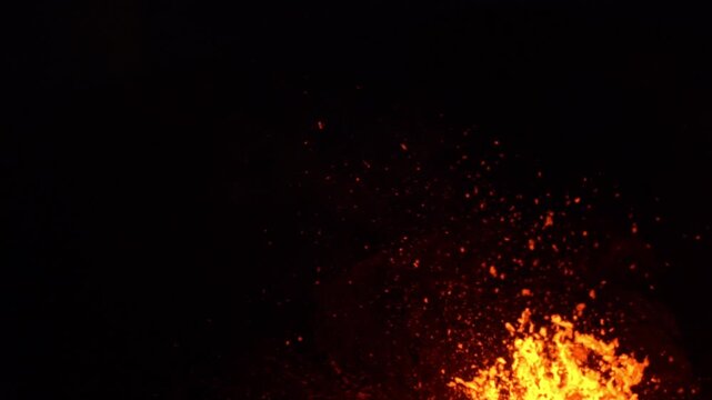 Volcanic eruption in Iceland 2021 at night. At 4 times slower speed the molten lava spouts shooting up into the air