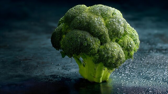 Single fresh head of broccoli covered in water droplets on a dark surface