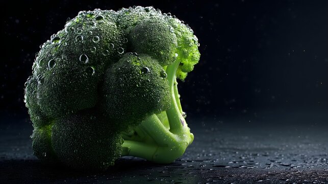 Single fresh head of broccoli covered in water droplets on a dark surface