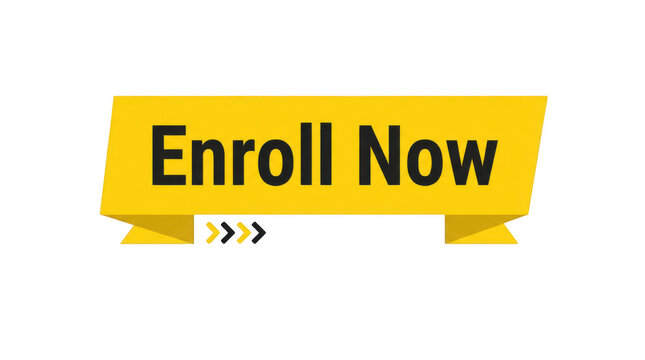 Yellow ribbon banner with enroll now text and arrow icons isolated on a transparent background for educational sites isolated on transparent background
