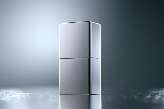 Modern minimalist metallic rectangular container or product packaging mockup on a reflective surface with soft studio lighting