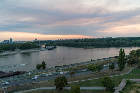 Sunset View of the Sava and Danube River Confluence in Belgrade