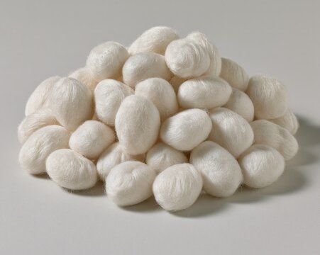 White silk cocoons in a pile, soft and fluffy against a plain background.