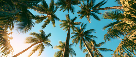 Fototapeta premium A blue sky and palm trees panorama from below, as seen from the ground. A tropical travel banner with a vintage style.