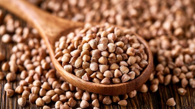 A wooden spoon filled with raw buckwheat groats rests on a rustic wooden table. Ideal for organic food and healthy.