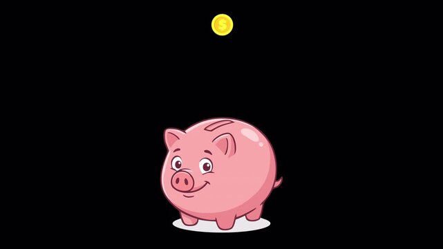 Cute pink cartoon piggy bank with a gold dollar coin hovering above the slot on a transparent alpha channel background for financial savings concept