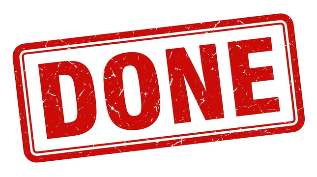 Red rubber stamp with the word done inside a rectangular border for business approval and task completion concepts isolated on transparent background
