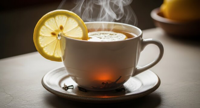 Steaming cup of tea with lemon slice on saucer, warm beverage in soft light.