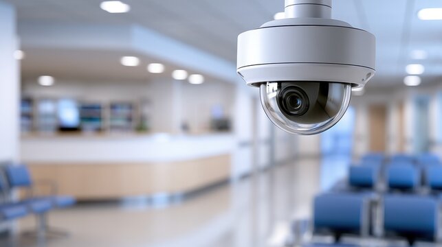 A security dome camera monitors a bright hospital waiting room area. Ideal for concepts of healthcare safety and.