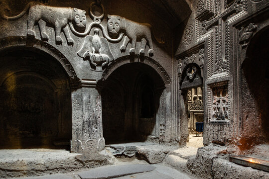 The interior of the cave gavit (narthex) of the Geghard (Ayrivank) monastery complex in Armenia, dating back to the 13th century.