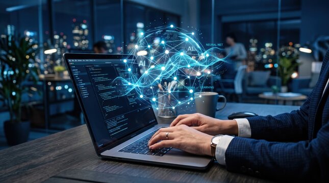 Programmer coding artificial intelligence and neural network on laptop computer at night, glowing blue brain shape with nodes and connections representing machine learning