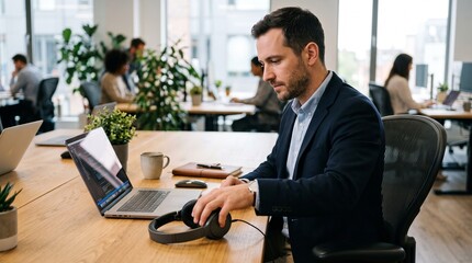 Fototapeta premium Focused businessman in a modern office setting working on a laptop with headphones nearby