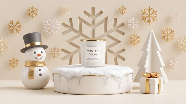 Snowman and candle on a snowy cake with Christmas tree decorations