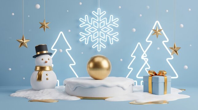 winter wonderland scene with snowman, gift, and golden accents