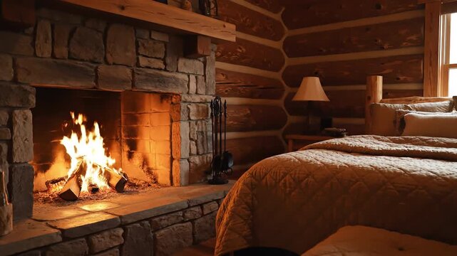 Warm fireplace burning in a rustic log cabin bedroom with cozy interior and stone hearth