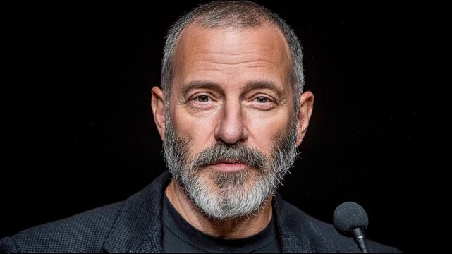 Speaker presents at an event in a dark room with a microphone nearby and a serious expression on his face