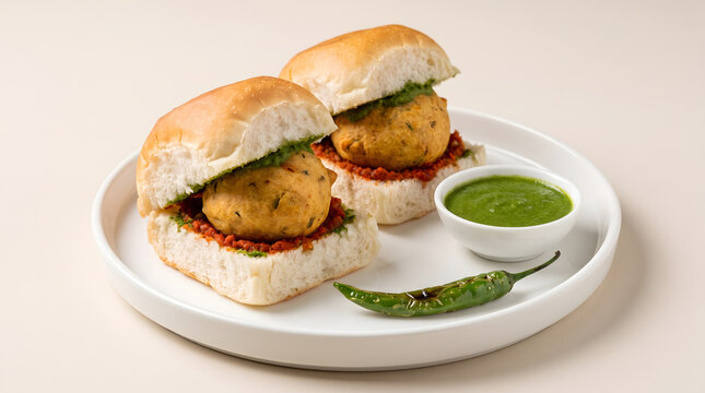 Traditional Indian Vada Pav Street Food with Green Chutney and Fried Chili